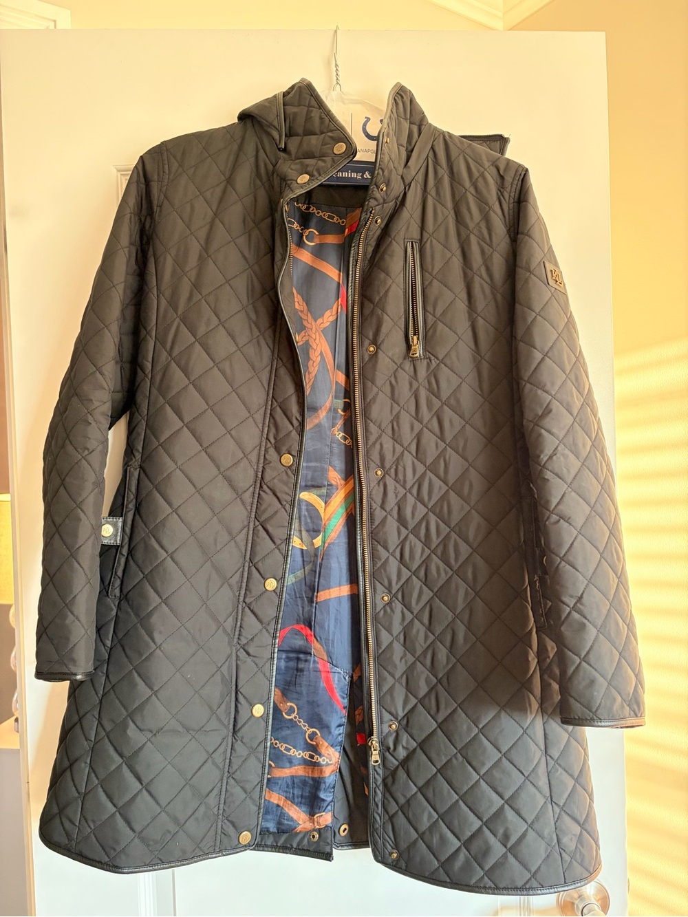 Lauren Ralph Lauren Black Quilted Long Trench Coat with Hood